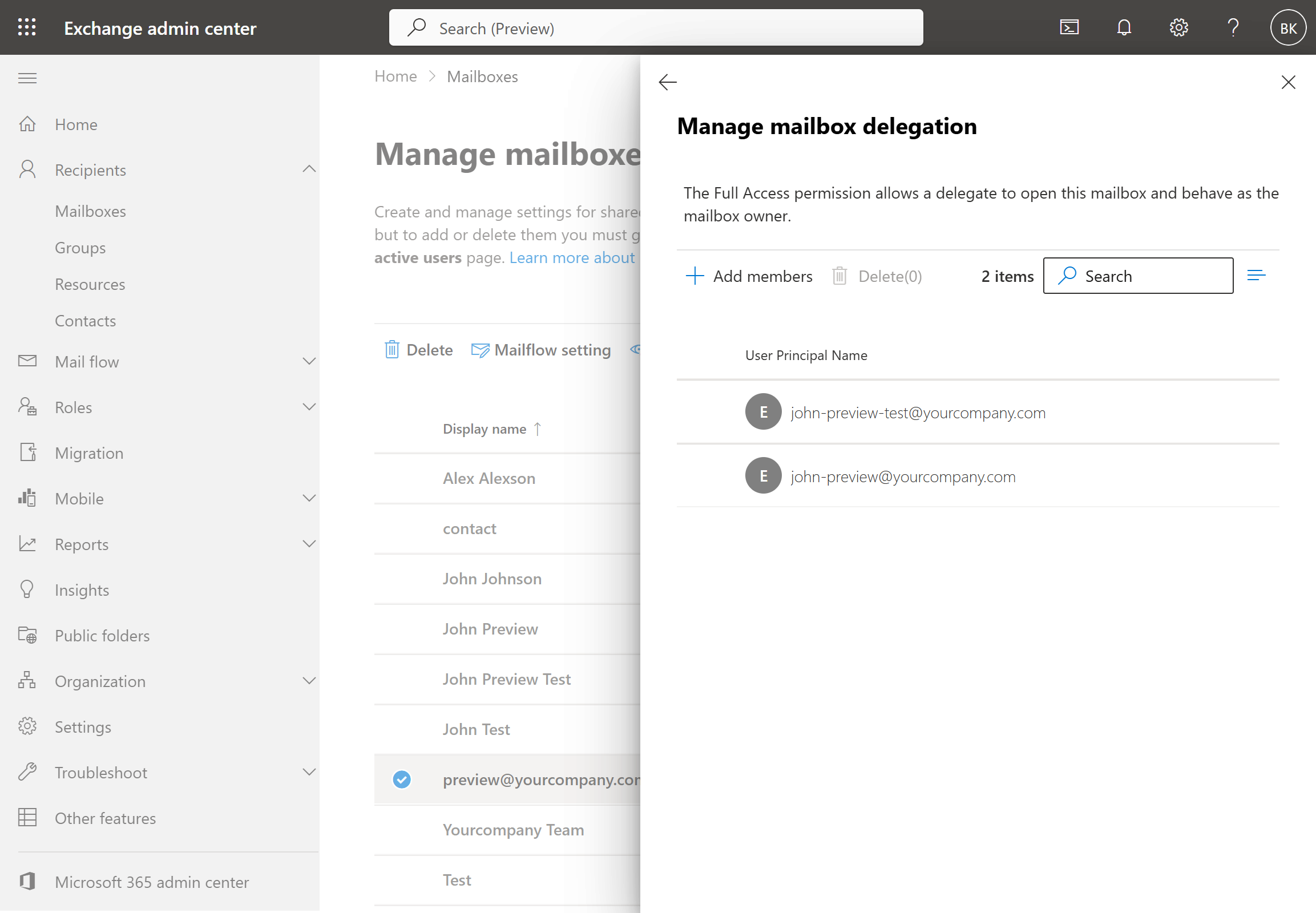 Manage mailbox delegation panel for Read and manage (Full Access), listing the mailbox's current delegates