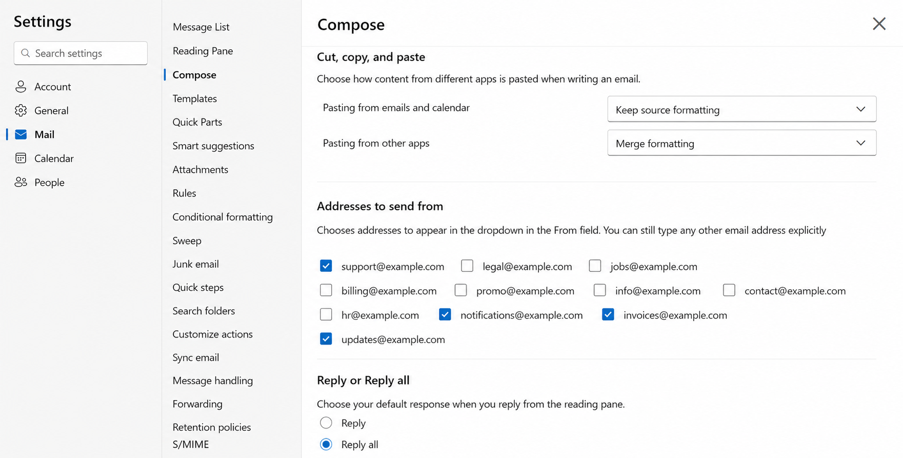 Outlook on the web Compose settings showing the "Addresses to send from" checkbox grid with several aliases selected