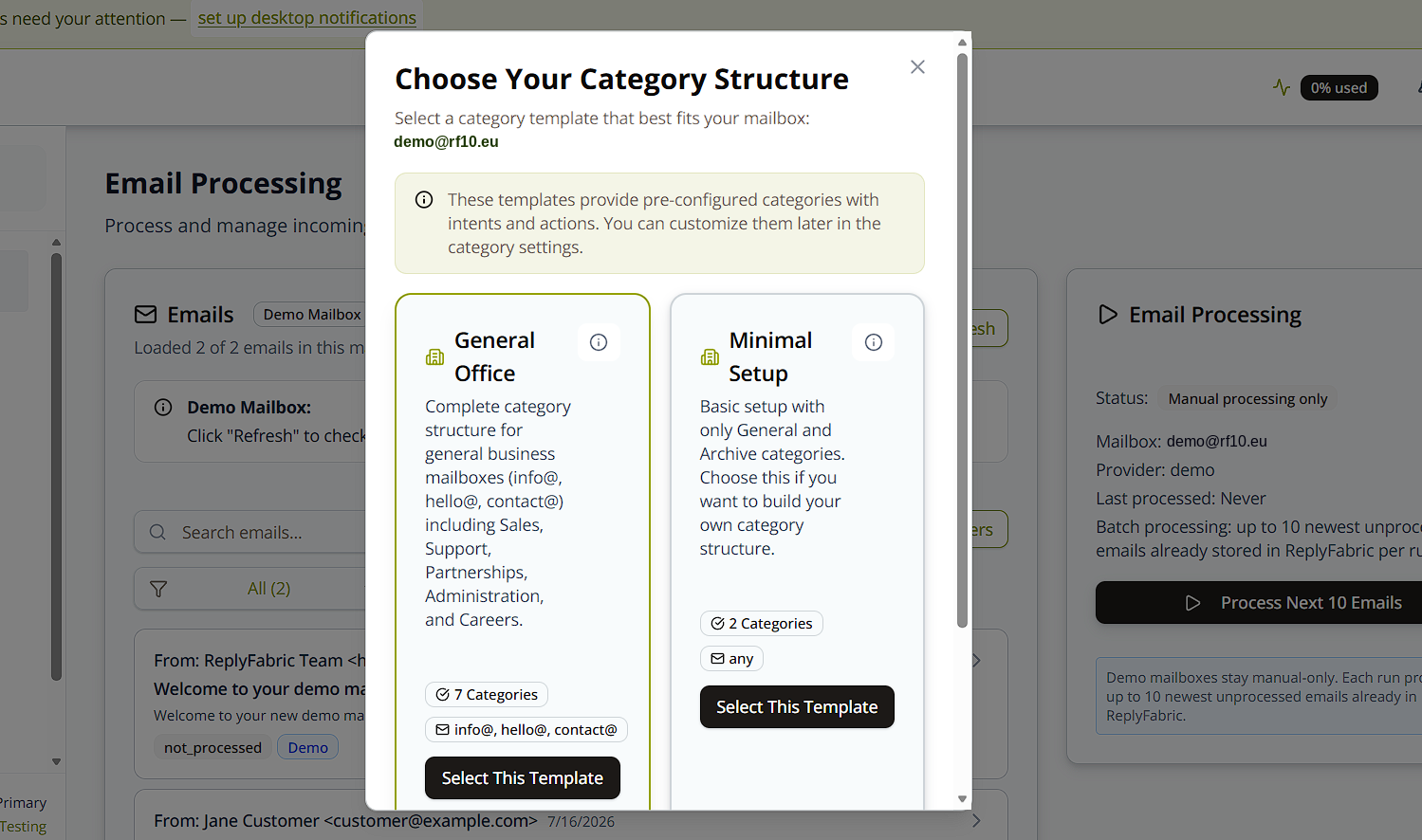 Choose your category structure, with the demo mailbox address shown