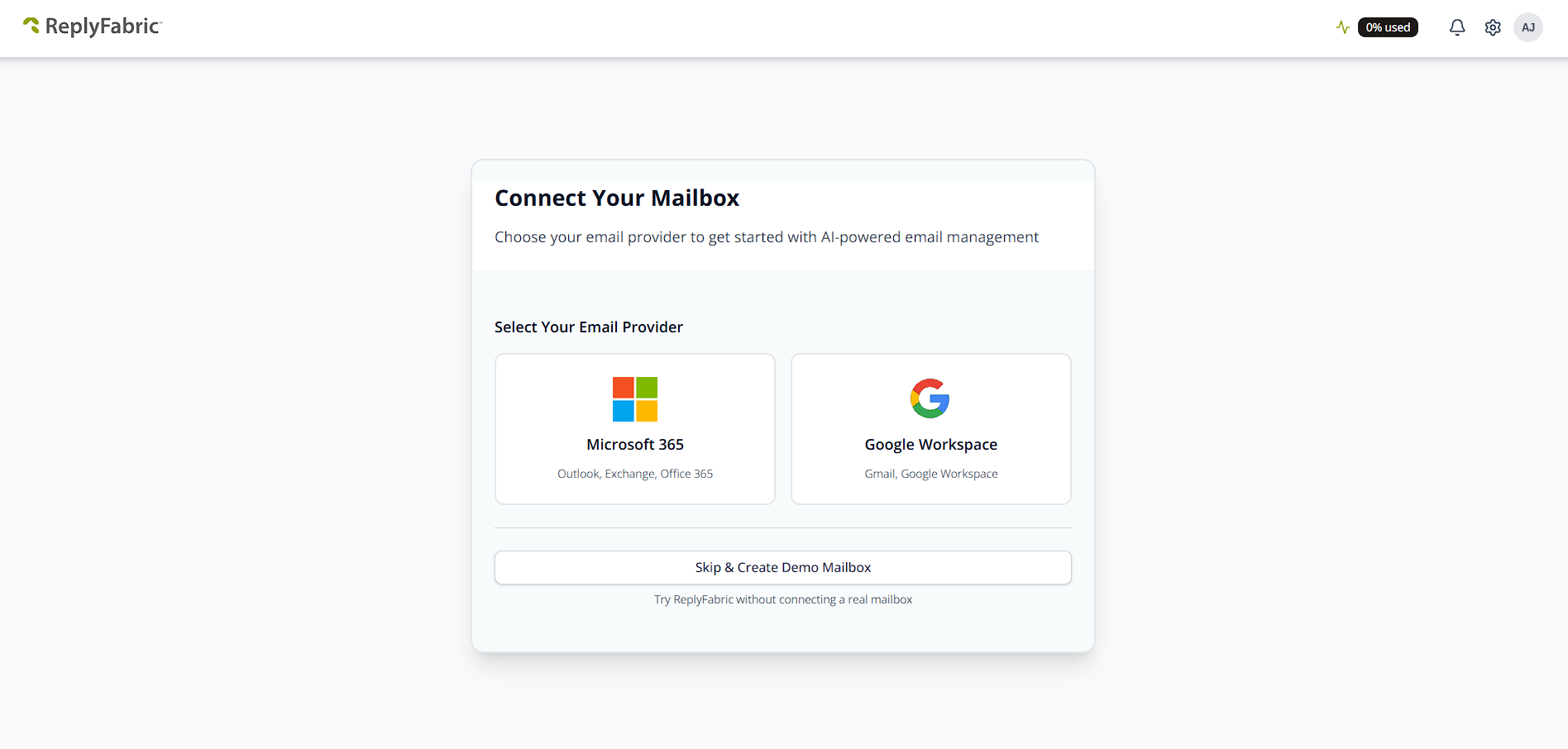 Connect your mailbox — Skip & Create Demo Mailbox option