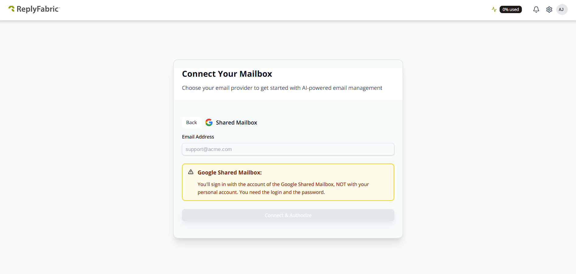 Google shared mailbox connect screen