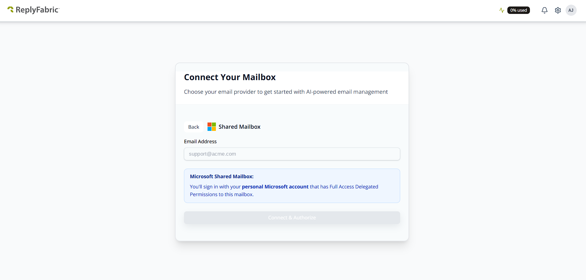 Microsoft shared mailbox connect screen