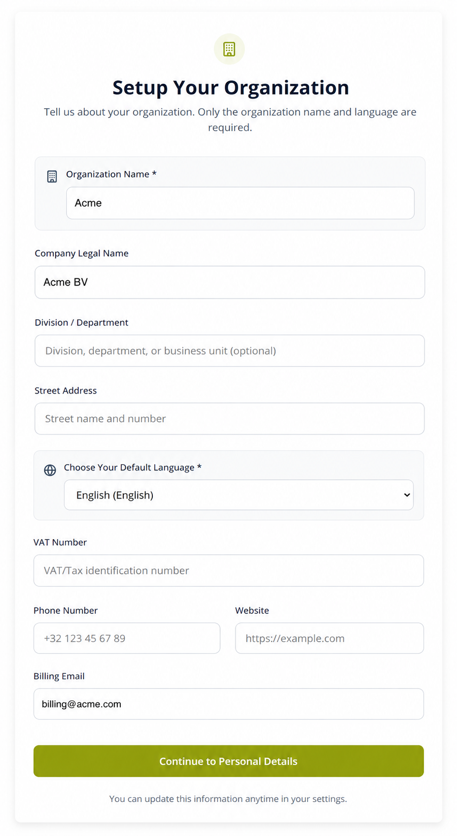 Set up your organization form