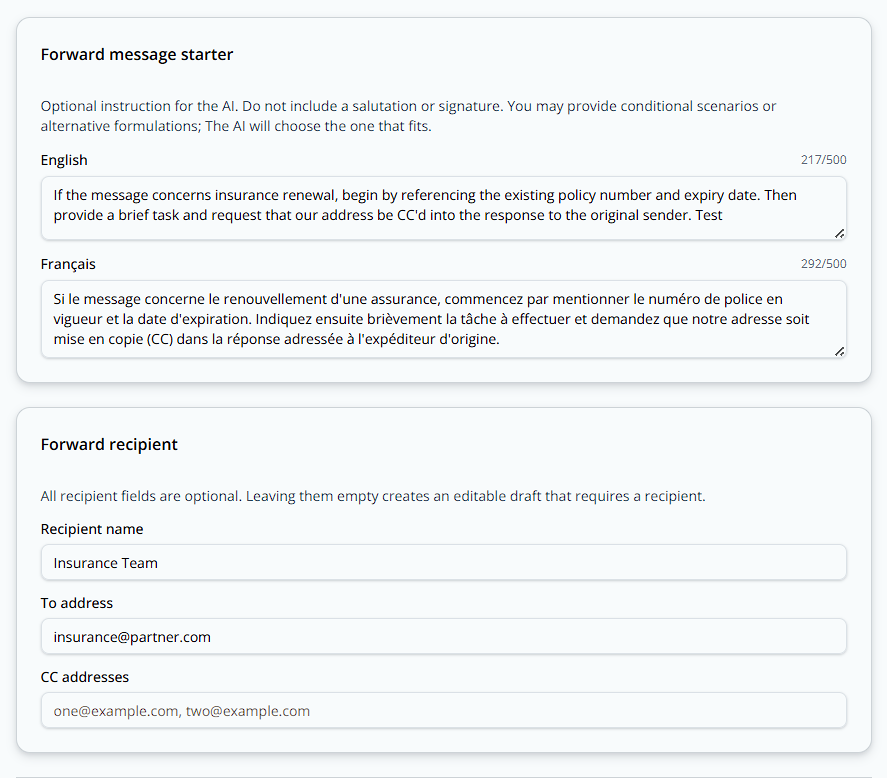 Forward message starter and Forward recipient cards in the intent editor, for the "Insurance ALIAS" intent