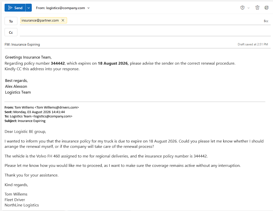 Resulting AI Forward draft: a greeting, an AI-written forwarding message referencing the policy number and expiry date, a sign-off, and the original driver email quoted below