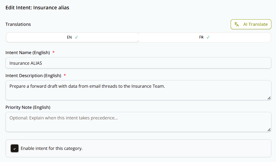 Edit Intent panel for "Insurance ALIAS" — Translations with AI Translate, Intent Name, Intent Description, Priority Note, and the Enable intent for this category checkbox