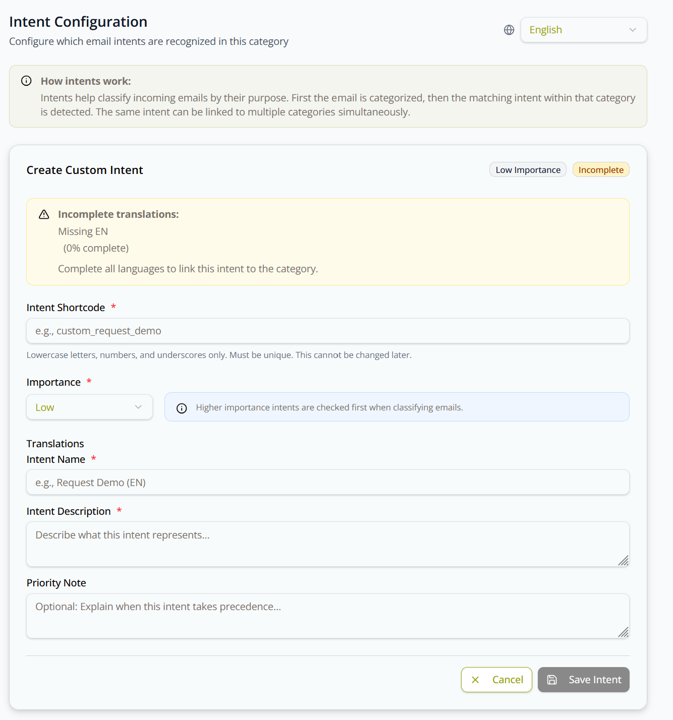 Create Custom Intent panel — Shortcode, Importance, and per-language Name/Description/Priority Note fields