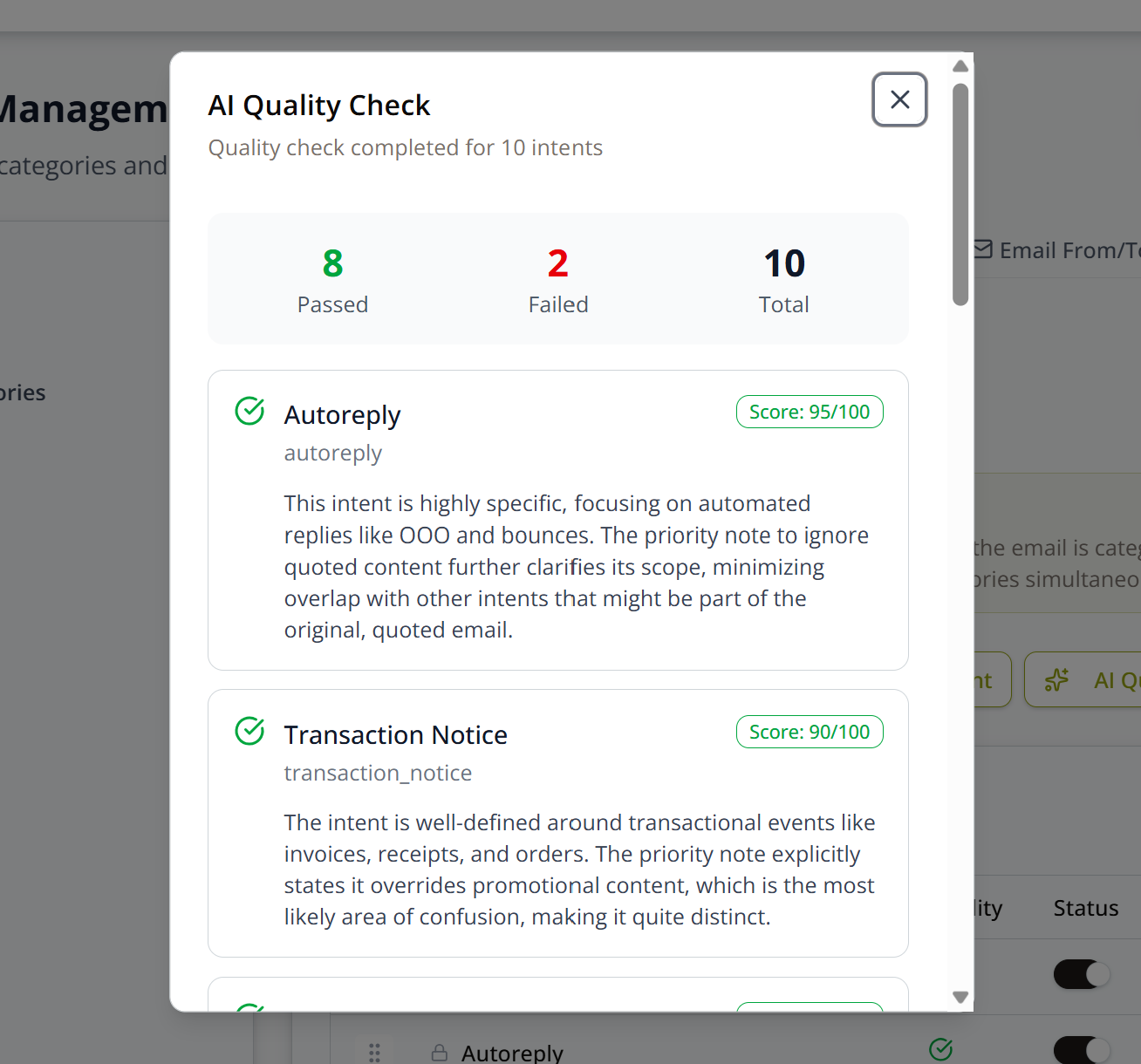 AI Quality Check results, showing per-intent scores and overlap explanations